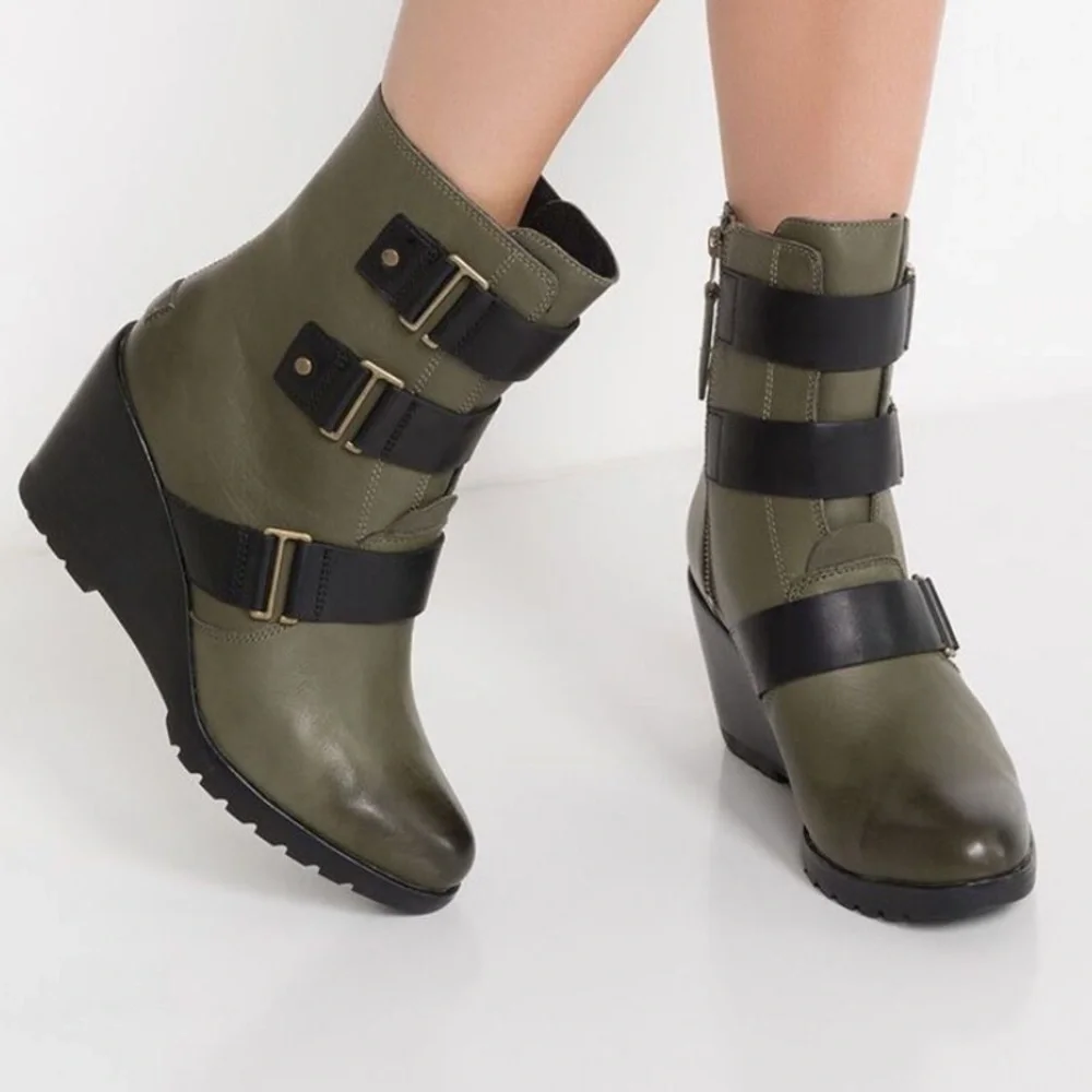 Sorel After Hours Waterproof Leather Wedge Bootie Color Nori NL2550-383 Size 7.5
